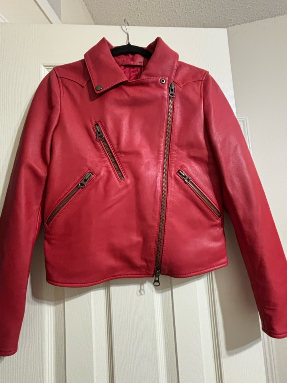 100%Genuine Leather Women’s Red Asymmetrical Zip Leather Jacket - Classic